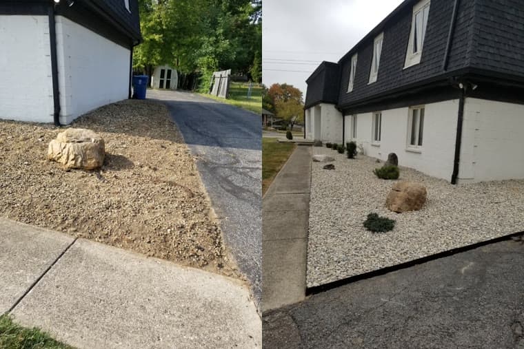 Before and after: a dirt and gravel strip beside a driveway, then white stone with black edging