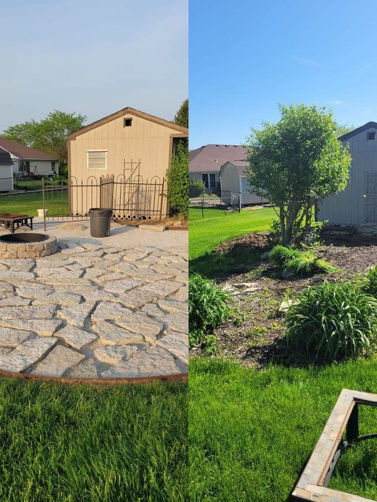 Left, a flagstone fire pit on a stone patio beside a garden shed. Right, a mulched bed with an ornamental tree and clumps of daylilies on the same property.